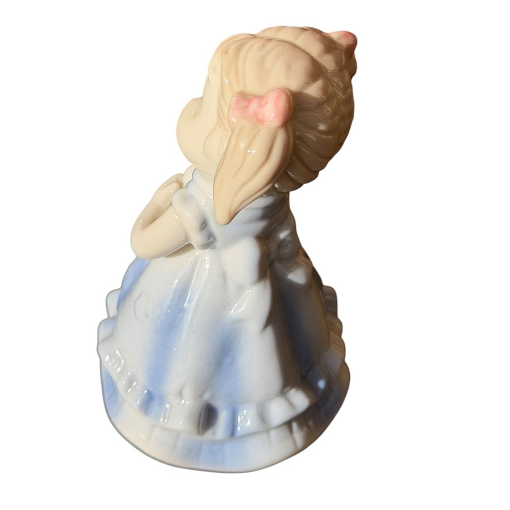 Vintage Ceramic Girl Bell Figurine Blue Ruffled Dress Pink Bows Pigtails 4 Inch - Picture 5 of 9